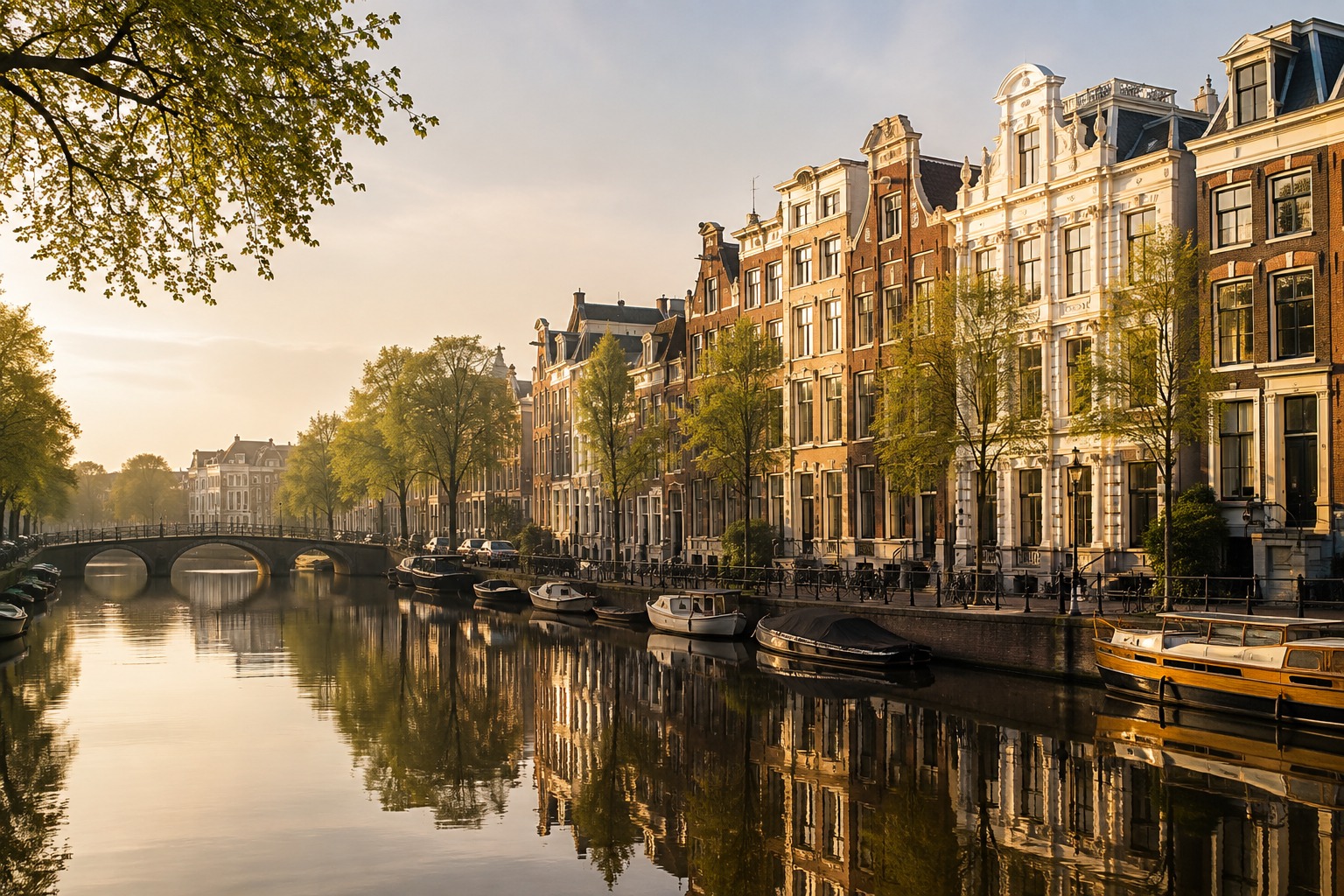 Grachtenpanden in Amsterdam in het ochtendlicht